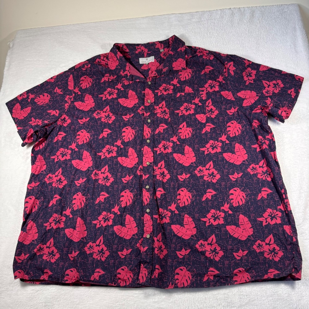Oak Hill Button Down Shirt Men 4XL Navy Pink Tropical Floral Cotton Aloha Hawaii